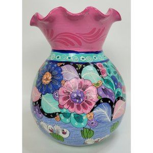 Vtg Yolanda Mexican Folk Art Terracotta‎ Pottery Vase Pink Teal Flowers Birds 8"